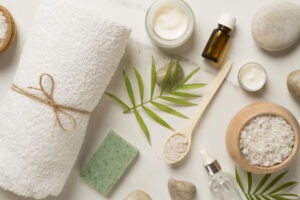 Composition with spa products on marble background in one of the spas in Cape May
